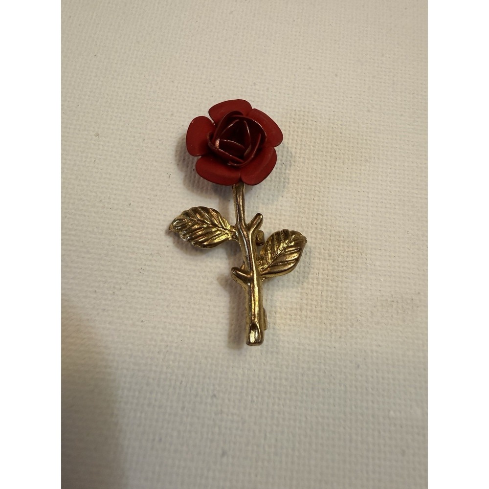 Vintage Red Rose Flower Brooch Pin Gold Tone Stem Floral Jewelry